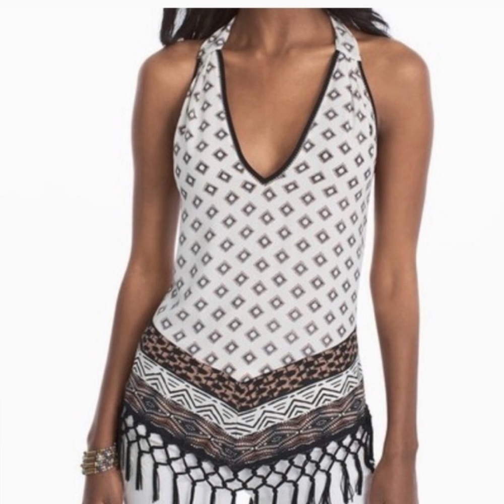 White House Black Market Boho Halter Fringe Top XSP NWT